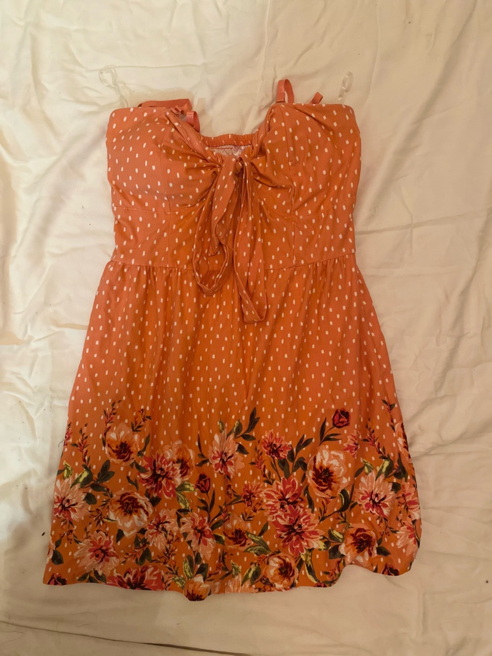 Womans strapless Orange Polka Dot Floral Tie-Front Dress